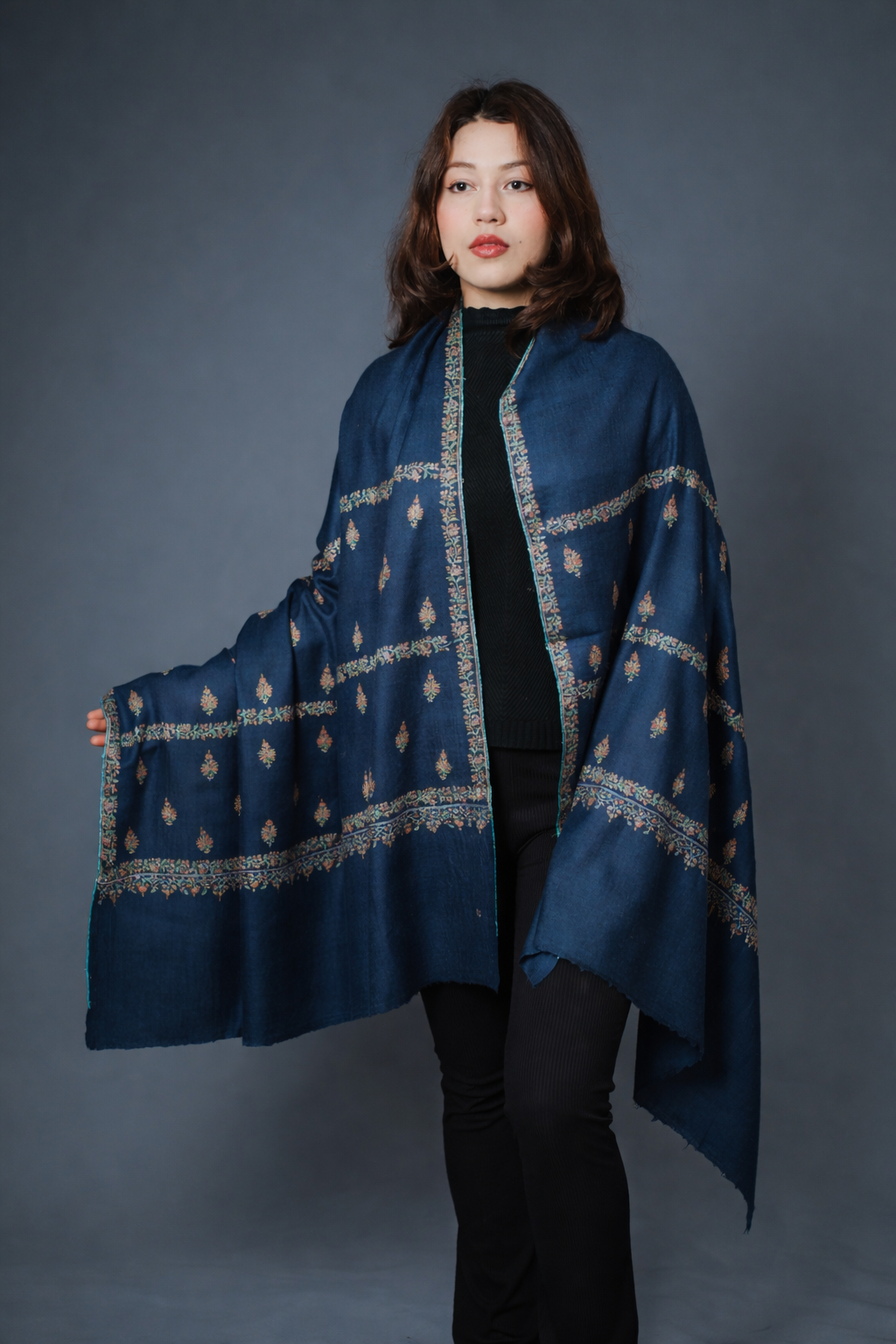 Elegant Navy Pashmina Shawl — Evening Drape
